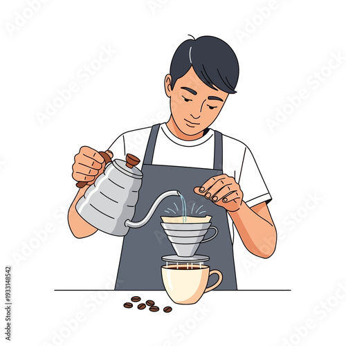 Barista making pour over coffee, skilled brewing process, fresh coffee beans, artisanal beverage preparation