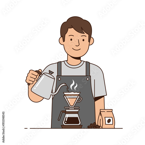 Barista making pour over coffee, brewing fresh coffee, coffee shop, cafe, coffee beans, illustration