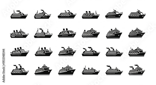 Collection of various cruise ships and vessels in a monochrome style, isolated on white background.