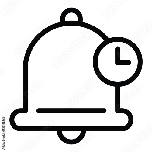 Black outline of notification bell with integrated clock symbol for time based alerts and reminder system interface graphic element