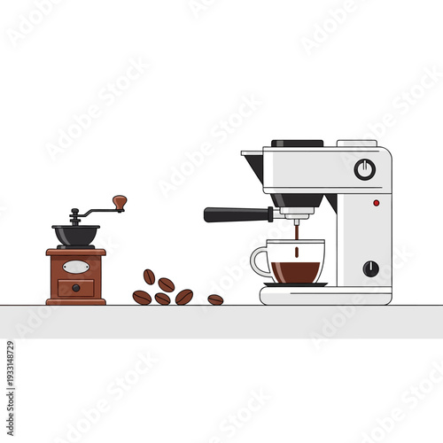 Espresso Machine Brewing Coffee Next to Vintage Grinder and Beans
