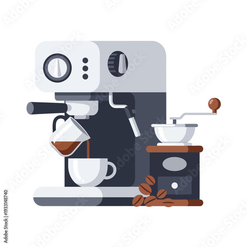 Espresso machine brewing coffee next to a manual grinder, coffee beans, and cup