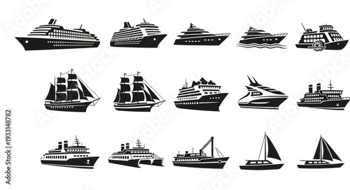 Collection of various ships and boats in black and white illustration.