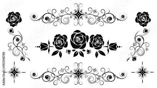 Elegant black rose designs with floral swirls and stars