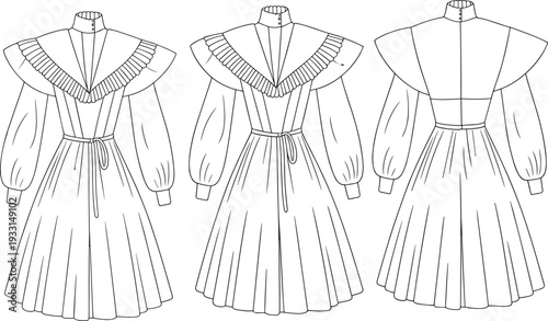 Three Vintage Dresses with Ruffled Collars and Long Sleeves in Black and White Line