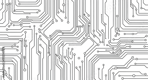 Complex circuit board pattern with intricate connections and pathways visible
