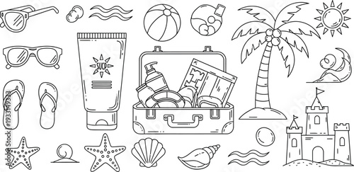 Summer vacation beach accessories and tropical elements illustration collection for travel