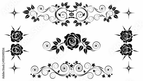 Elegant floral designs with roses and leaves in black