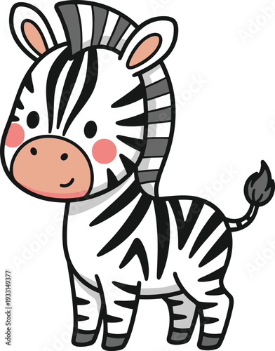 Cute cartoon zebra character with black and white stripes and pink rosy cheeks isolated on white background for nursery decor