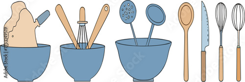 Baking Utensils and Kitchen Tools Vector Set with Mixing Bowls Whisk Knife Spoon and Dough Illustration