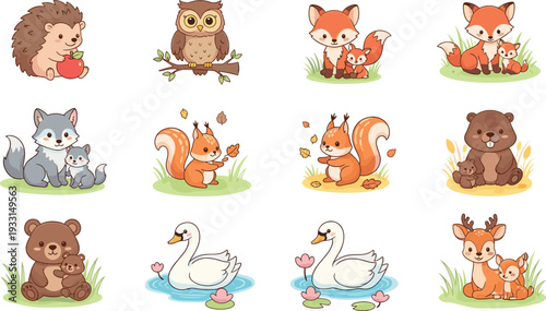 Large collection of cute cartoon forest animal families including fox, bear, deer, owl, hedgehog, squirrel, wolf, swan and beaver characters