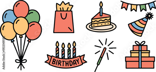 Collection of colorful birthday celebration icons including balloons cake gifts and party hat on transparent background vector.
