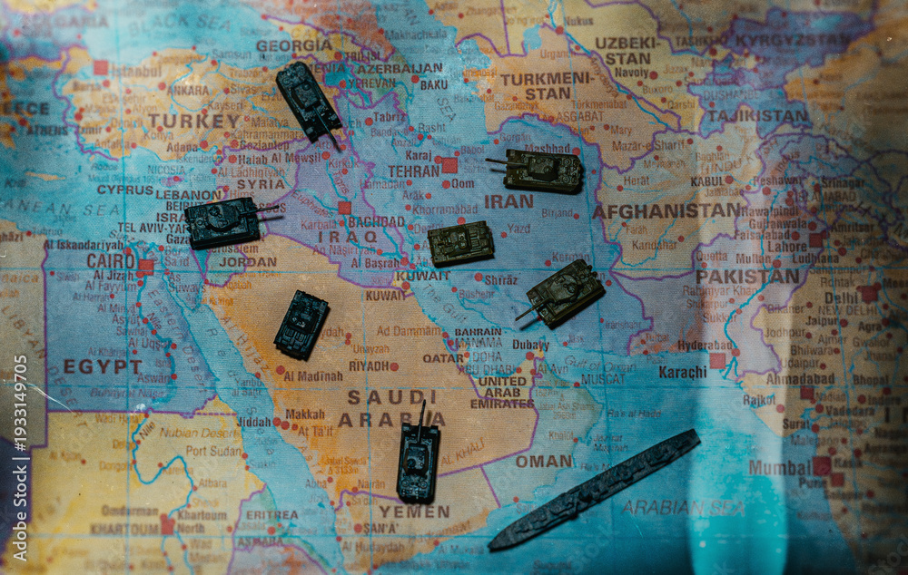Naklejka premium Large scale military conflict and war in the Middle East on map.