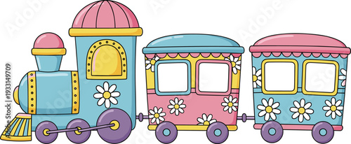 Cute colorful toy train with pastel locomotive and carriages decorated with white daisies flowers isolated on white background for kids