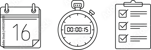 Calendar stopwatch and checklist icons representing time management and organization