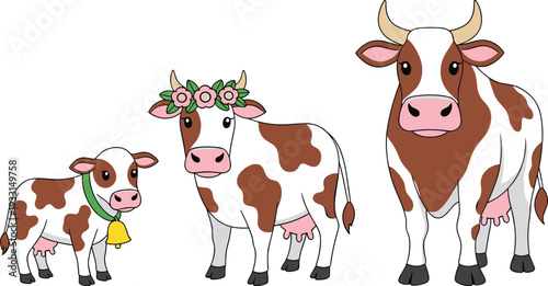 Cute cartoon cow family with a calf wearing a bell and a heifer with a flower crown isolated on white background