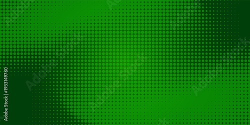 Abstract green halftone background with gradient shades of vibrant neon green blending into dark emerald green
