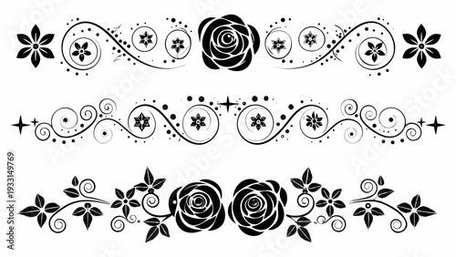 Elegant floral designs with roses and leaves in black