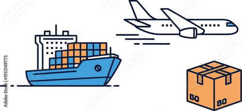 Cargo ship transporting goods with airplane and package delivery