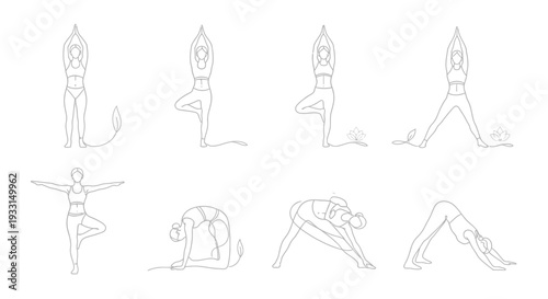Set of eight yoga poses illustrations for wellness and fitness routines
