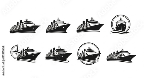 Collection of cruise ship illustrations in various styles and designs for travel.