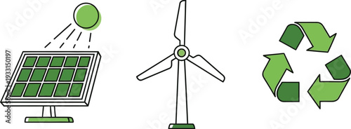 Renewable energy sources including solar panels and wind turbines for sustainability
