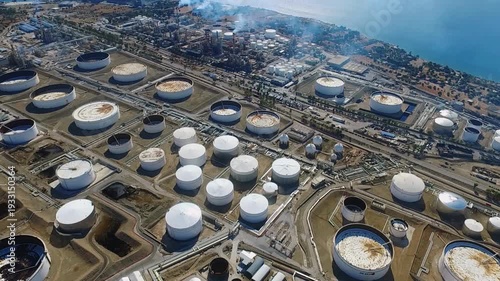 Aerial view of oil storage tanks and energy terminal infrastructure, at the ocean beach. Oil market volatility