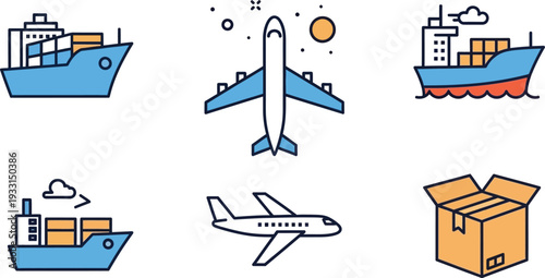 Shipping and transportation icons featuring airplanes cargo ships and packages