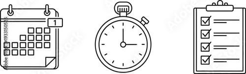 Simple calendar stopwatch and checklist icons representing time management and organization