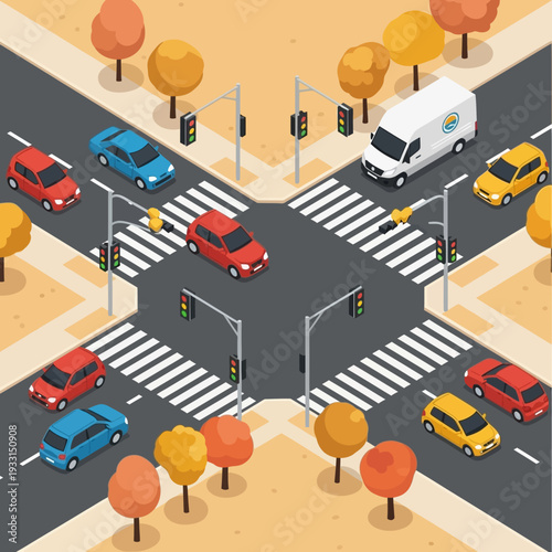 Busy intersection with cars, traffic lights, and crosswalks in autumn
