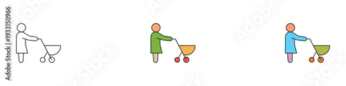 Mother with baby stroller icon set. Parent walking with infant carriage symbol for family care and maternity design. Vector Illustration.