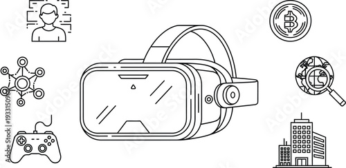 Virtual reality headset surrounded by related icons and symbols technology