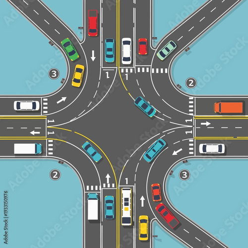 Busy intersection with cars, trucks, and buses navigating traffic lights and lanes.
