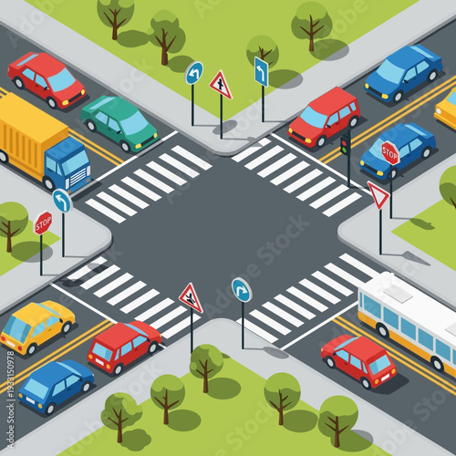 Busy intersection with cars, truck, and bus, traffic lights, and crosswalks
