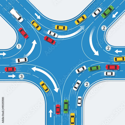 Busy intersection with traffic jam and cars making turns