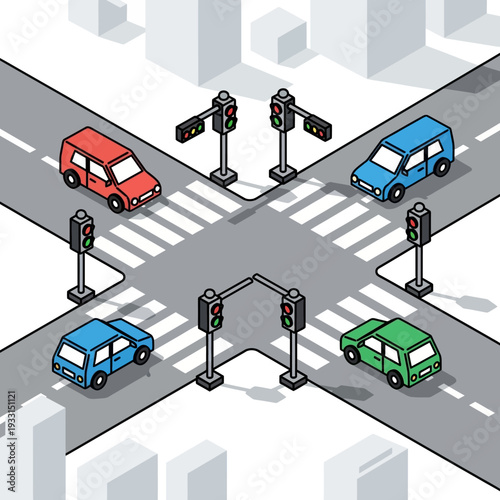 Busy Intersection with Traffic Lights and Cars, City Street Crossroads, Urban Traffic Flow