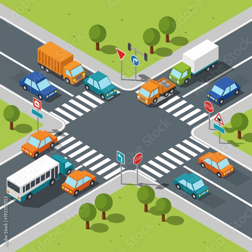 Busy intersection with various vehicles, traffic lights, and crosswalks in an isometric view.