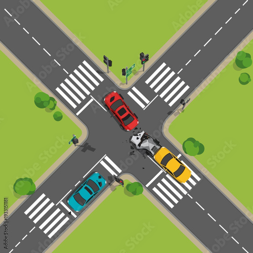 Car Accident at Intersection: Multiple Crashed Vehicles, Traffic Lights, Pedestrian Crossing