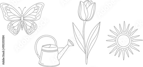 Beautiful butterfly and flower illustration with watering can and sunshine