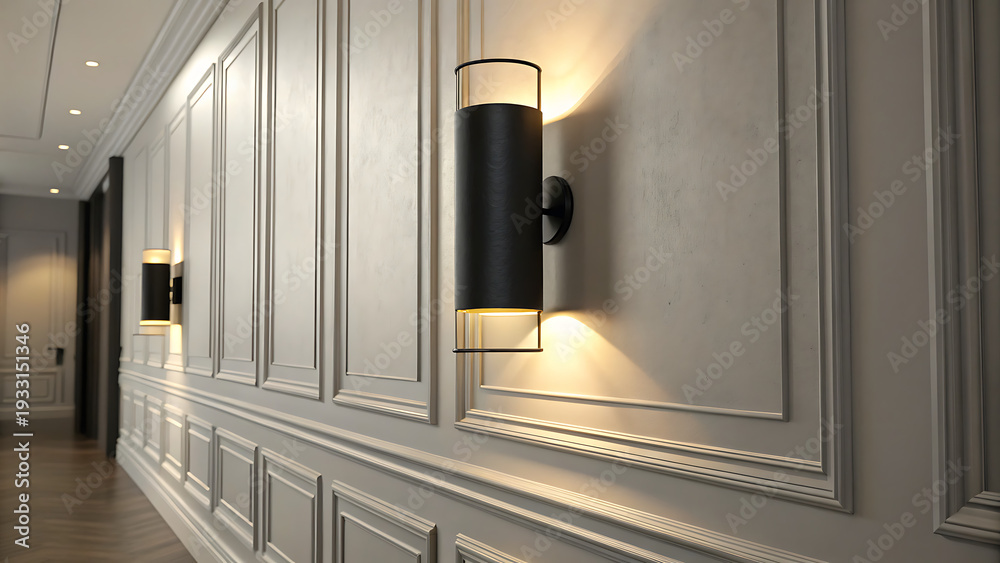 Fototapeta premium Modern Black Cylindrical Wall Sconce Illuminating Hallway with Upward Light