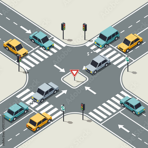 Busy intersection with cars and traffic lights, urban traffic congestion