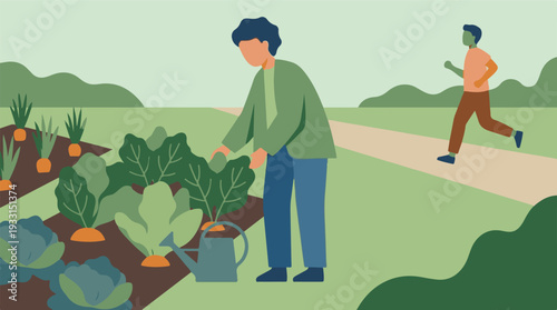 People enjoying healthy outdoor activities: gardening and jogging in park