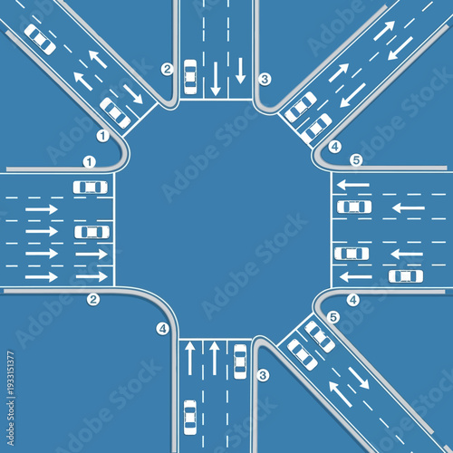 Busy intersection with cars navigating a roundabout and traffic lights