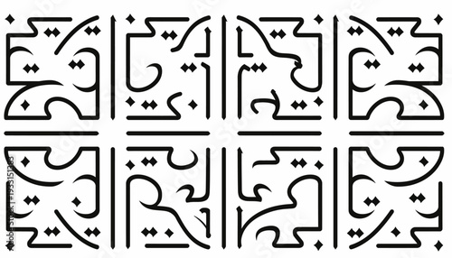 Abstract Islamic Calligraphy Pattern in Black and White, Geometric Design, Arabic Script, Traditional Art