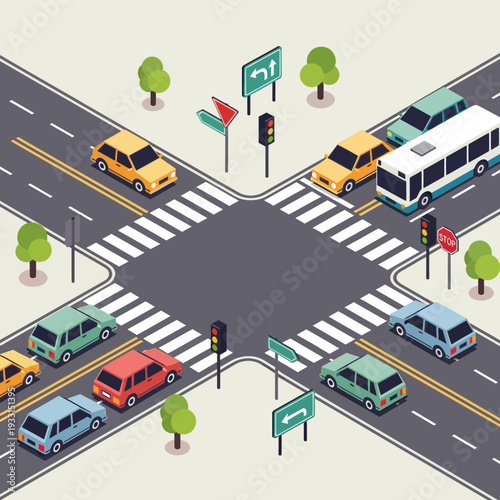 Busy Intersection with Cars, Bus, and Traffic Lights in Isometric View