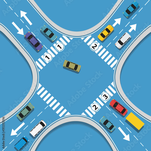 Busy intersection with cars navigating traffic, traffic lights, and crosswalks.