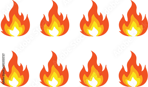 Cartoon Fire Flame Icon Set with Bright Orange Yellow Blaze Vector Illustration Collection