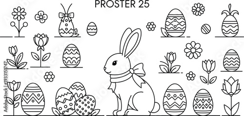 Easter bunny surrounded by decorated eggs and flowers coloring page illustration