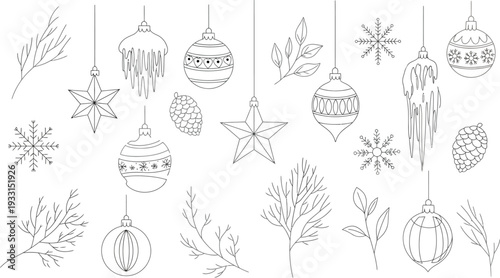Collection of christmas ornaments and decorations in a minimalist design style