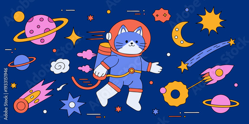 Adorable cat astronaut floating in colorful space scene